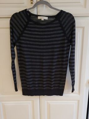 LOFT Black & Charcoal Striped Crewneck Sweater